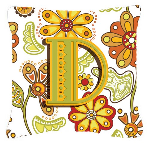 Letter D Floral Mustard And Green Canvas Fabric Decorative Pillow