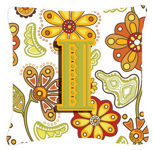 Letter I Floral Mustard And Green Canvas Fabric Decorative Pillow