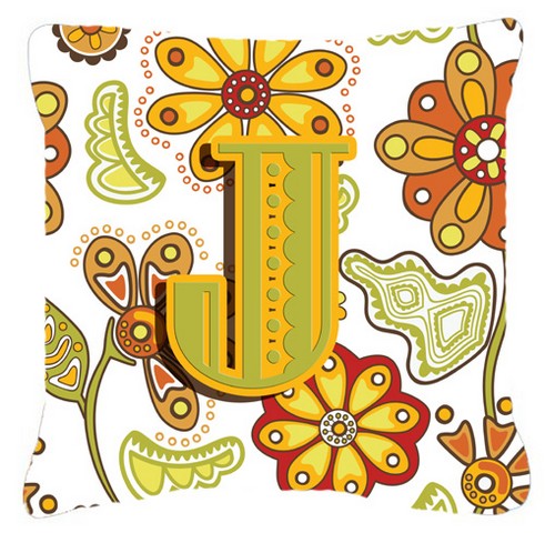 Letter J Floral Mustard And Green Canvas Fabric Decorative Pillow