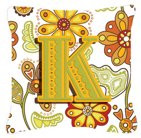 Letter K Floral Mustard And Green Canvas Fabric Decorative Pillow