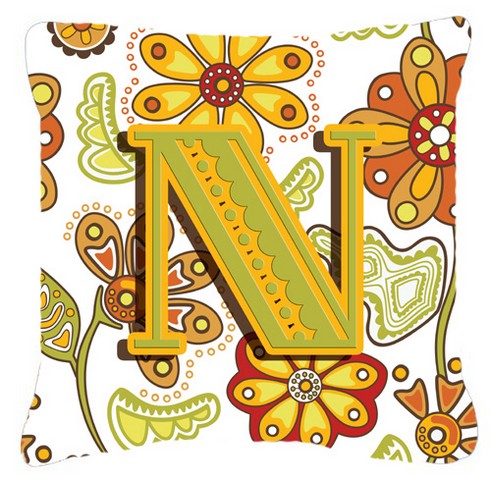 Letter N Floral Mustard And Green Canvas Fabric Decorative Pillow