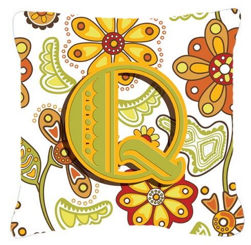 Letter Q Floral Mustard And Green Canvas Fabric Decorative Pillow
