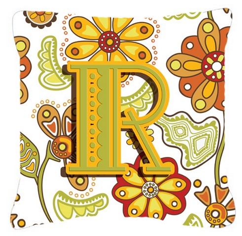 Letter R Floral Mustard And Green Canvas Fabric Decorative Pillow