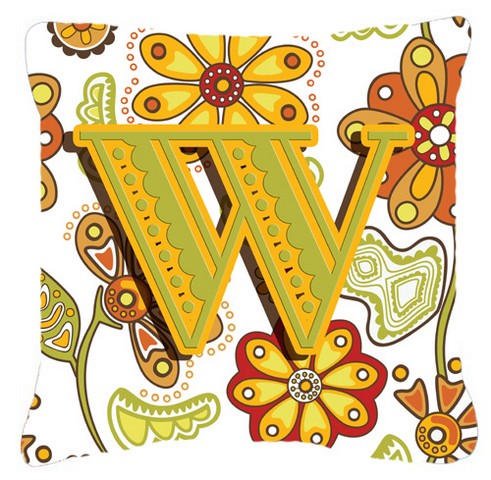 Letter W Floral Mustard And Green Canvas Fabric Decorative Pillow