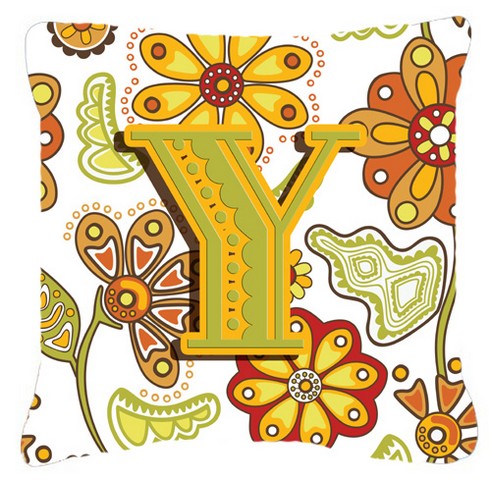 Letter Y Floral Mustard And Green Canvas Fabric Decorative Pillow