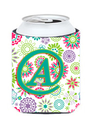 CJ2011-ACC Letter A Flowers Pink Teal Green Initial Can & Bottle Hugger