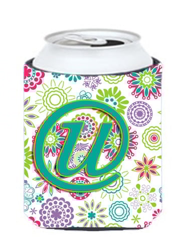 Picture of Carolines Treasures CJ2011-UCC Letter U Flowers Pink Teal Green Initial Can & Bottle Hugger