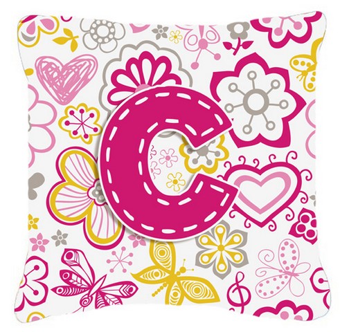 Letter C Flowers And Butterflies Pink Canvas Fabric Decorative Pillow - Pink - 14 L x 3 W x 14 H in.