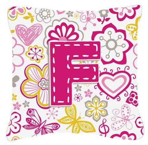 Letter F Flowers And Butterflies Pink Canvas Fabric Decorative Pillow - Pink - 14 L x 3 W x 14 H in.