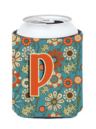 CJ2012-PCC Letter P Flowers Retro Blue Can & Bottle Hugger