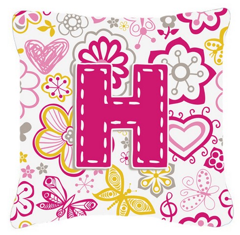 Letter H Flowers And Butterflies Pink Canvas Fabric Decorative Pillow - Pink - 14 L x 3 W x 14 H in.