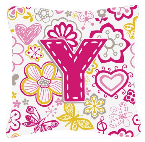 Letter Y Flowers And Butterflies Pink Canvas Fabric Decorative Pillow