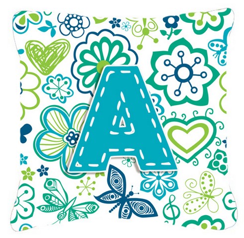 Letter A Flowers And Butterflies Teal Blue Canvas Fabric Decorative Pillow