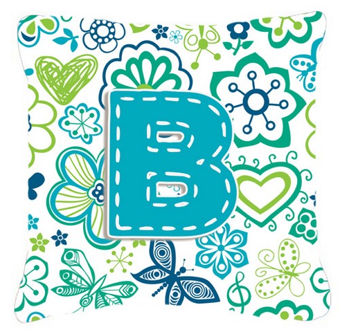 Letter B Flowers And Butterflies Teal Blue Canvas Fabric Decorative Pillow