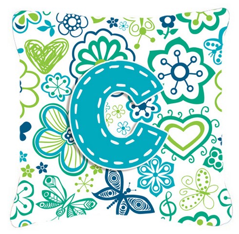Letter C Flowers And Butterflies Teal Blue Canvas Fabric Decorative Pillow