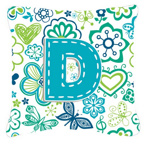 Letter D Flowers And Butterflies Teal Blue Canvas Fabric Decorative Pillow