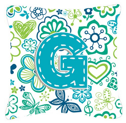 Letter G Flowers And Butterflies Teal Blue Canvas Fabric Decorative Pillow
