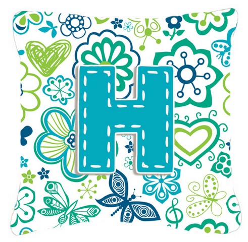 Letter H Flowers And Butterflies Teal Blue Canvas Fabric Decorative Pillow