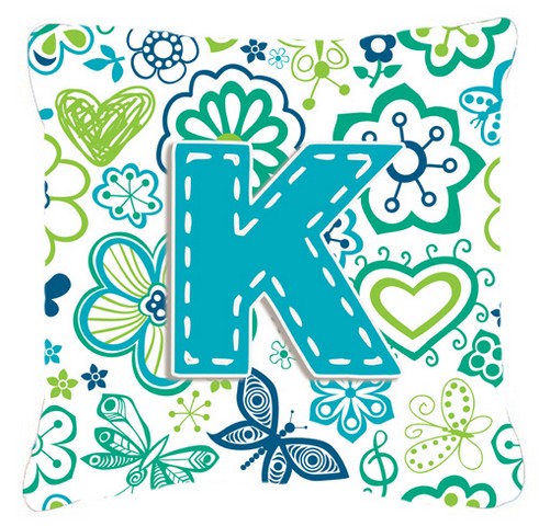 Letter K Flowers And Butterflies Teal Blue Canvas Fabric Decorative Pillow - Teal Blue - 14 L x 3 W x 14 H in.