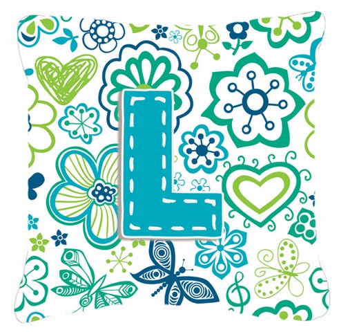 Letter L Flowers And Butterflies Teal Blue Canvas Fabric Decorative Pillow