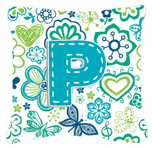 Letter P Flowers And Butterflies Teal Blue Canvas Fabric Decorative Pillow