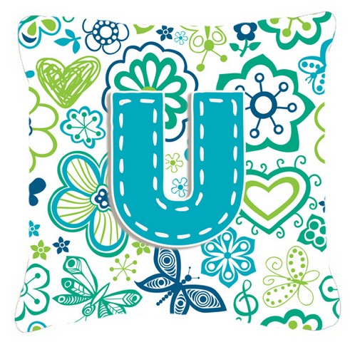 Letter U Flowers And Butterflies Teal Blue Canvas Fabric Decorative Pillow - Teal Blue - 14 L x 3 W x 14 H in.