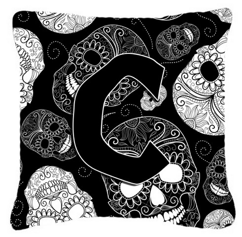 Letter C Day Of The Dead Skulls Black Canvas Fabric Decorative Pillow