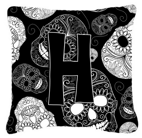 Letter H Day Of The Dead Skulls Black Canvas Fabric Decorative Pillow