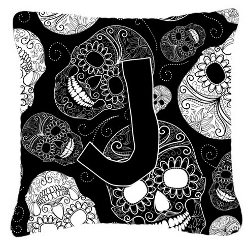Letter J Day Of The Dead Skulls Black Canvas Fabric Decorative Pillow