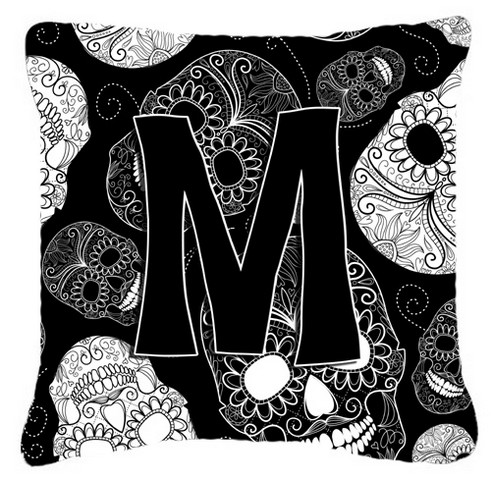 Letter M Day Of The Dead Skulls Black Canvas Fabric Decorative Pillow