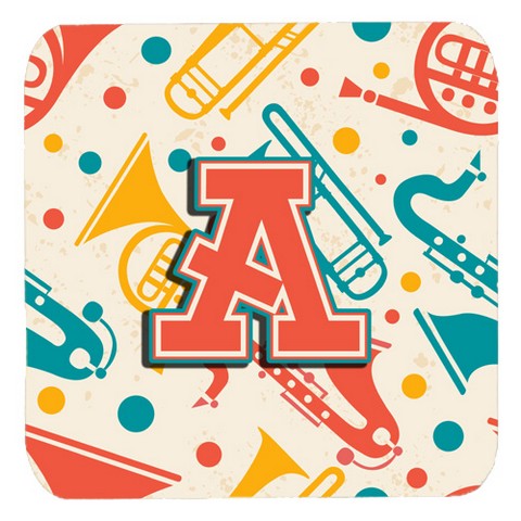 CJ2001-AFC Letter A Retro Teal Orange Musical Instruments Initial Foam Coasters- Set Of 4