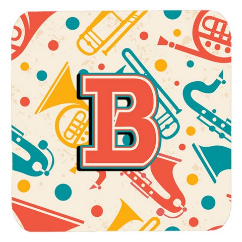 CJ2001-BFC Letter B Retro Teal Orange Musical Instruments Initial Foam Coasters- Set Of 4