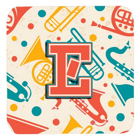CJ2001-EFC Letter E Retro Teal Orange Musical Instruments Initial Foam Coasters- Set Of 4