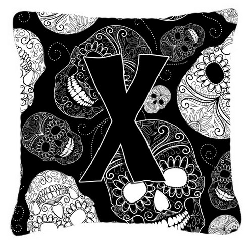 Letter X Day Of The Dead Skulls Black Canvas Fabric Decorative Pillow