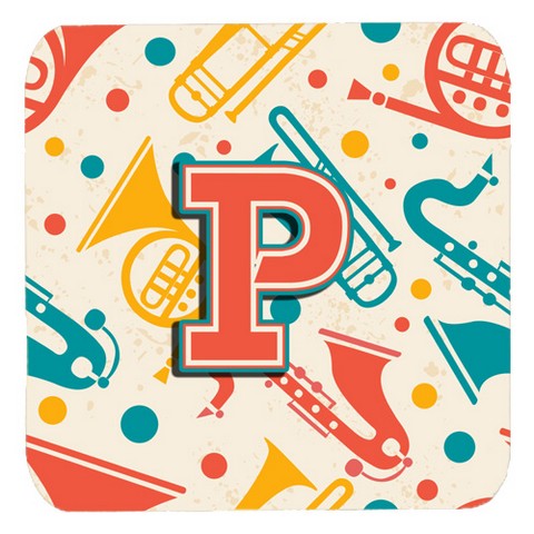 CJ2001-PFC Letter P Retro Teal Orange Musical Instruments Initial Foam Coasters- Set Of 4