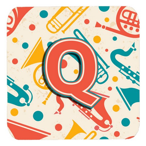 CJ2001-QFC Letter Q Retro Teal Orange Musical Instruments Initial Foam Coasters- Set Of 4