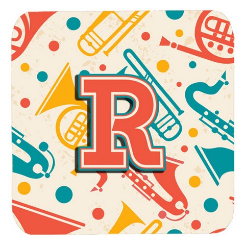 CJ2001-RFC Letter R Retro Teal Orange Musical Instruments Initial Foam Coasters- Set Of 4