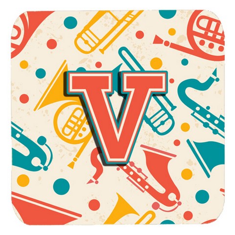 CJ2001-VFC Letter V Retro Teal Orange Musical Instruments Initial Foam Coasters- Set Of 4