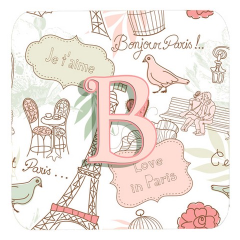 CJ2002-BFC Letter B Love In Paris Pink Foam Coasters- Set Of 4