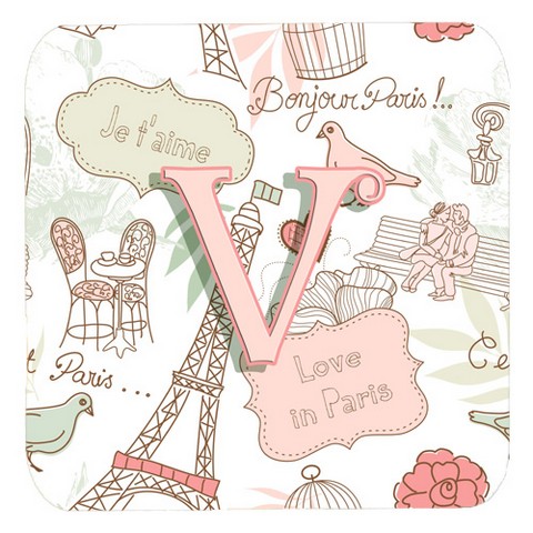 CJ2002-VFC Letter V Love In Paris Pink Foam Coasters- Set Of 4