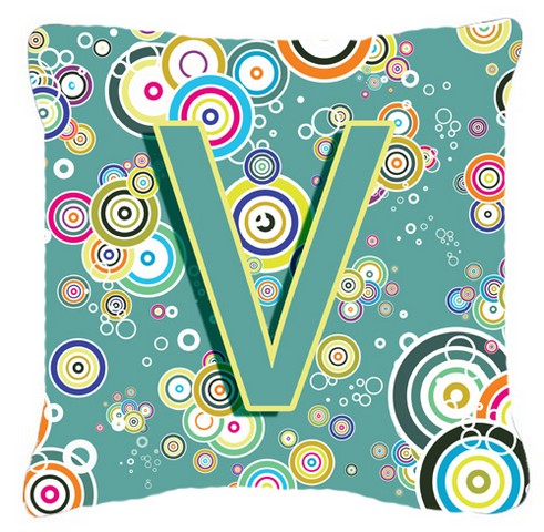 Letter V Circle Circle Teal Initial Alphabet Canvas Fabric Decorative Pillow