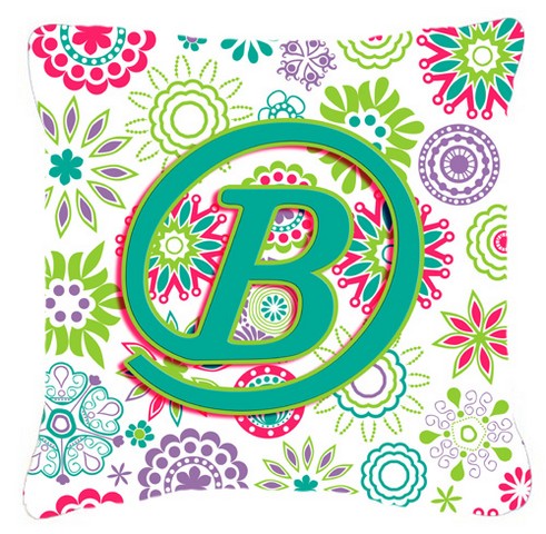 Letter B Flowers Pink Teal Green Initial Canvas Fabric Decorative Pillow