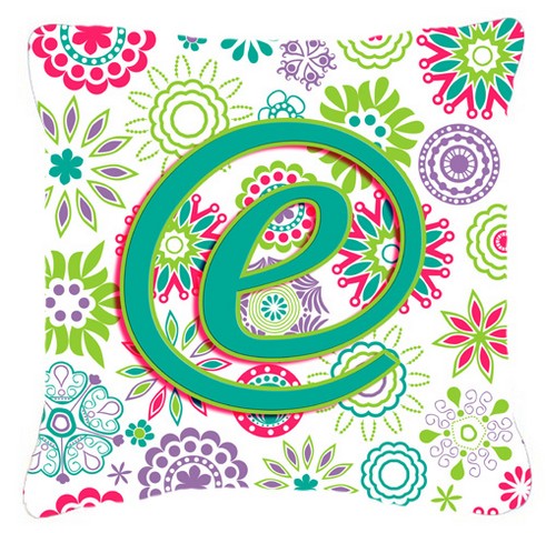 Letter E Flowers Pink Teal Green Initial Canvas Fabric Decorative Pillow