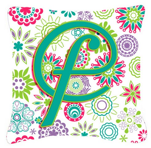 Letter F Flowers Pink Teal Green Initial Canvas Fabric Decorative Pillow