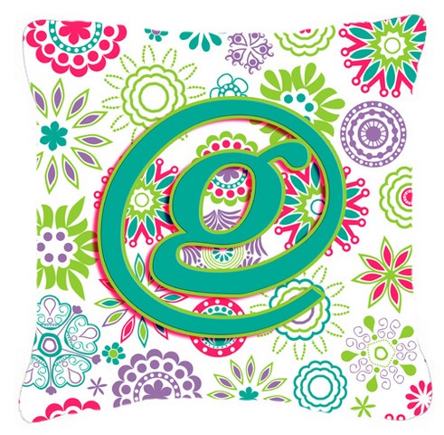 Letter G Flowers Pink Teal Green Initial Canvas Fabric Decorative Pillow