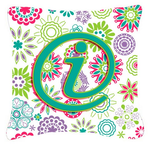 Letter I Flowers Pink Teal Green Initial Canvas Fabric Decorative Pillow - Pink Teal Green - 14 L x 3 W x 14 H in.