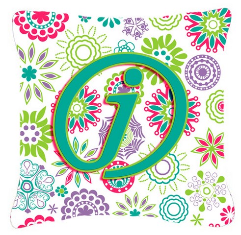 Letter J Flowers Pink Teal Green Initial Canvas Fabric Decorative Pillow