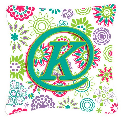 Letter K Flowers Pink Teal Green Initial Canvas Fabric Decorative Pillow