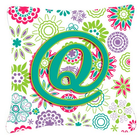 Letter Q Flowers Pink Teal Green Initial Canvas Fabric Decorative Pillow