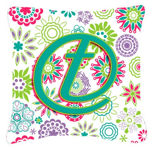 Letter T Flowers Pink Teal Green Initial Canvas Fabric Decorative Pillow